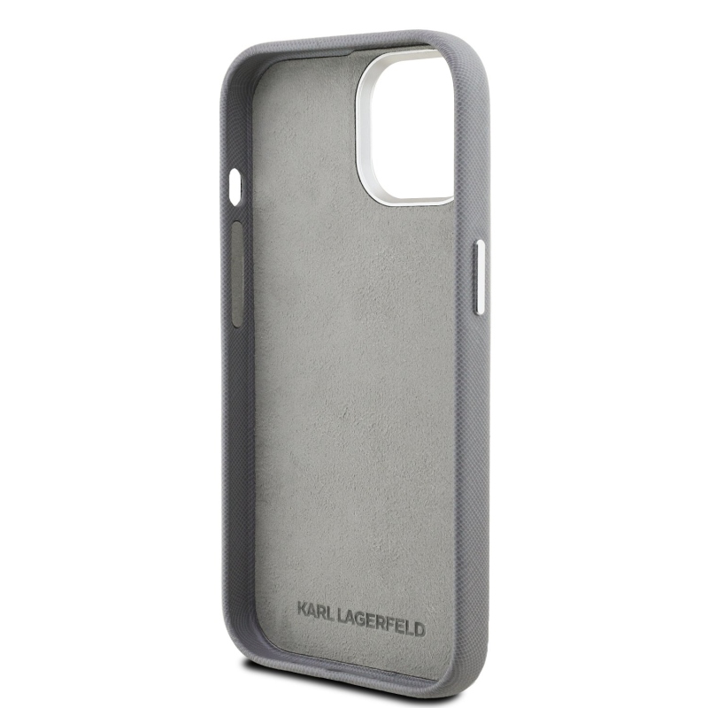 Karl Lagerfeld Grained PU K&CH Heads Zadný Kryt pre iPhone 15 Grey