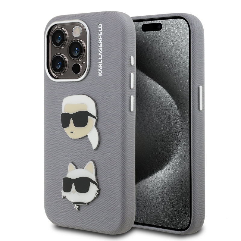Karl Lagerfeld Grained PU K&CH Heads Zadný Kryt pre iPhone 15 Pro Max Grey