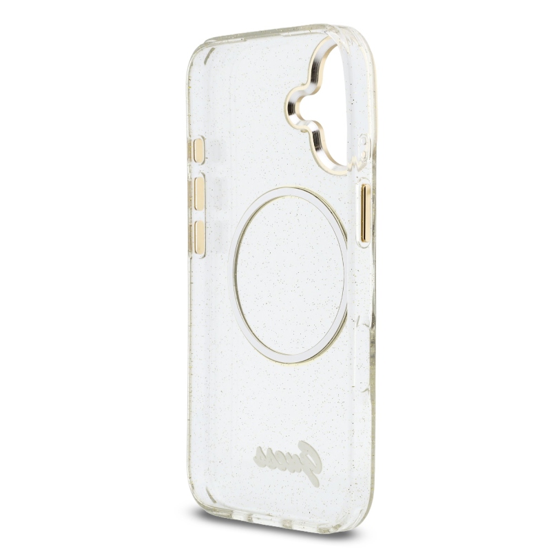 Guess IML Glitter Script Strap MagSafe zadný kryt pre iPhone 17 Transparent