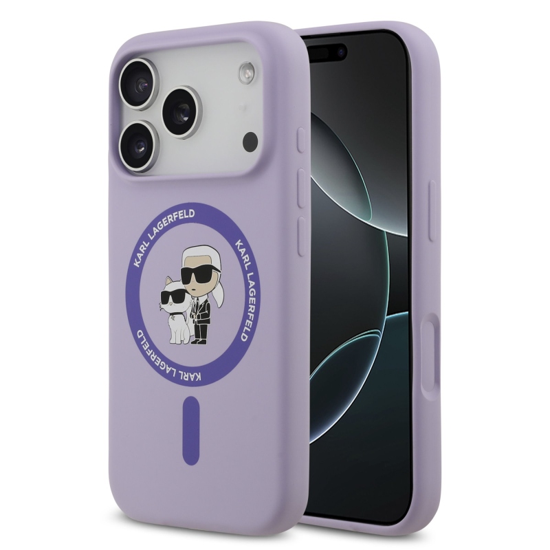 Karl Lagerfeld Tekutý silikónový kryt Karl and Choupette MagSafe pre iPhone 17 Pro Purple