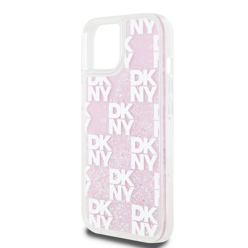 DKNY Liquid Glitter Checkered Pattern Zadný Kryt pre iPhone 15 Pink