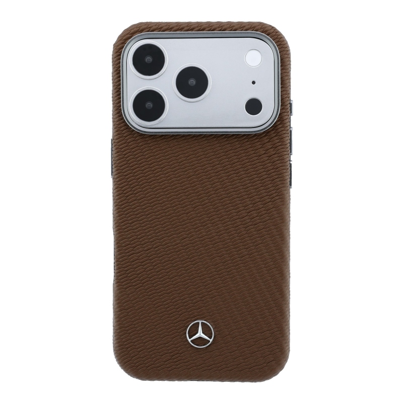 Mercedes PU kožený poloobalový zadný kryt MagSafe pre iPhone 17 Pro Camel
