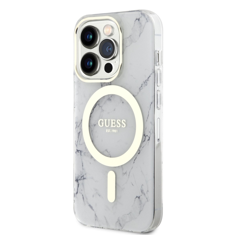 Guess IML Marble MagSafe Zadný Kryt pre iPhone 13 Pro White