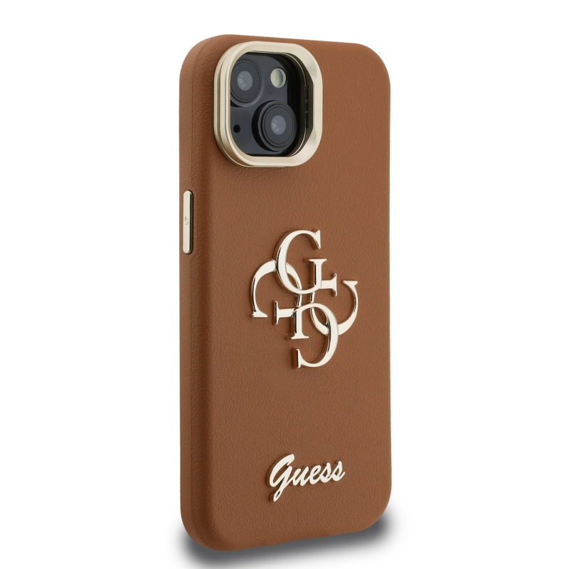 Guess PU Grained 4G Logo Stand Camera Frame Zadný Kryt pre iPhone 14 Brown