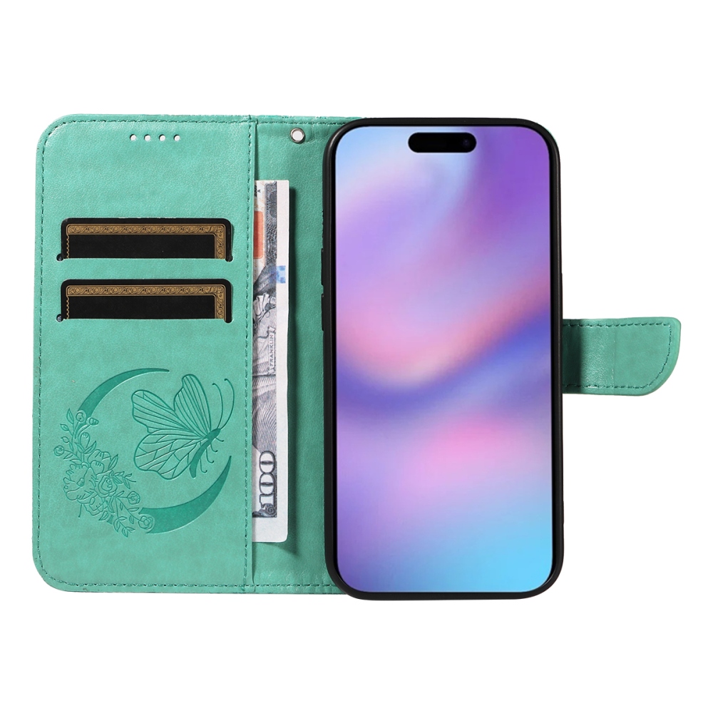 Floral Butterfly knižkové púzdro na iPhone 17 - modrozelené