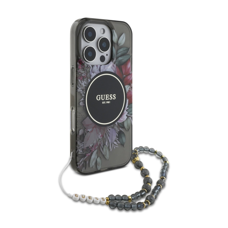 Guess IML Flowers Pearl Strap MagSafe Zadný Kryt pre iPhone 16 Pro Max Black