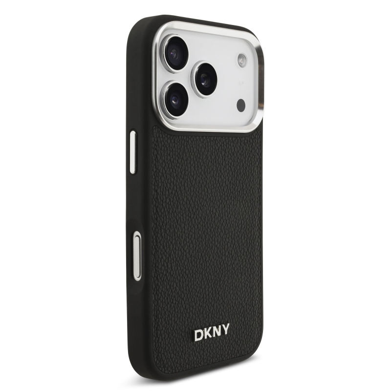 DKNY PU kožený kovový kryt s logom na zápästie MagSafe Back Cover pre iPhone 17 Pro Black