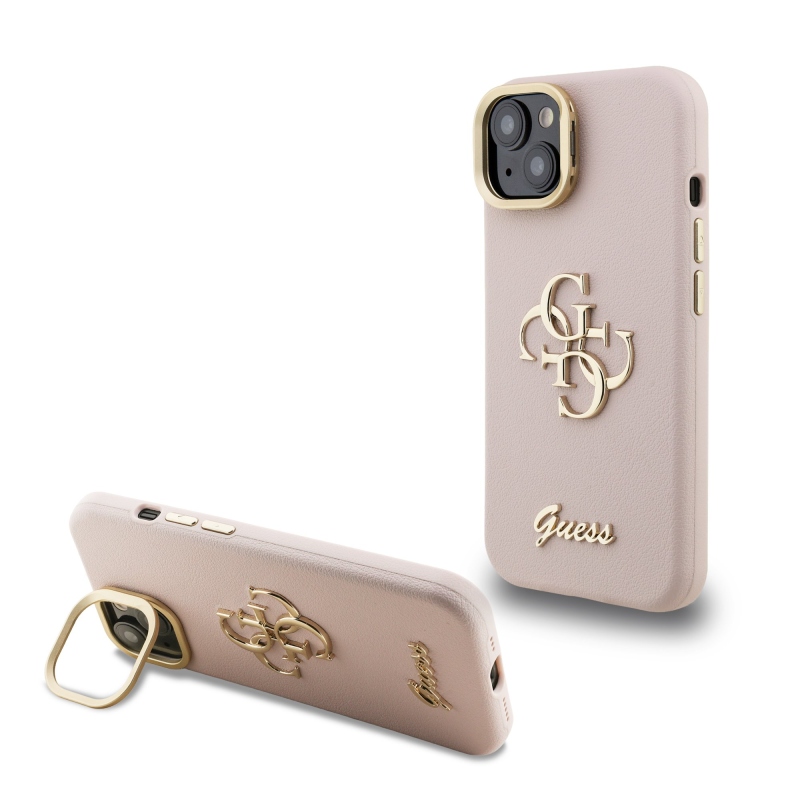 Guess PU Grained 4G Logo Stand Camera Frame Zadný Kryt pre iPhone 14 Pink