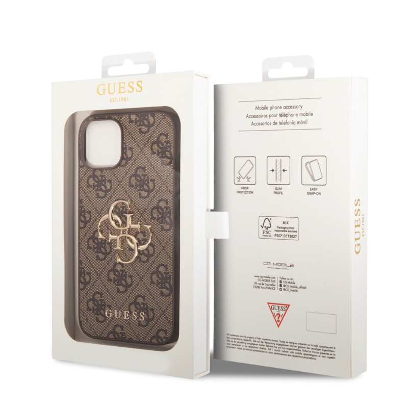 Guess PU 4G Metal Logo Zadný Kryt pre iPhone 15 Brown