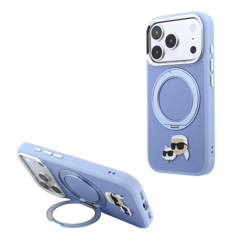Karl Lagerfeld PU Grained K&CH Heads Ring Stand Magsafe zadný kryt pre iPhone 18 Pro, modrý