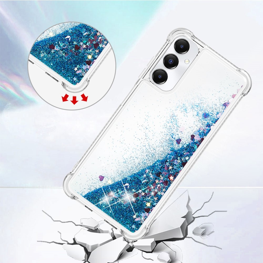 Glitter gélový presýpací obal na Samsung Galaxy A05s - modrý/srdiečka