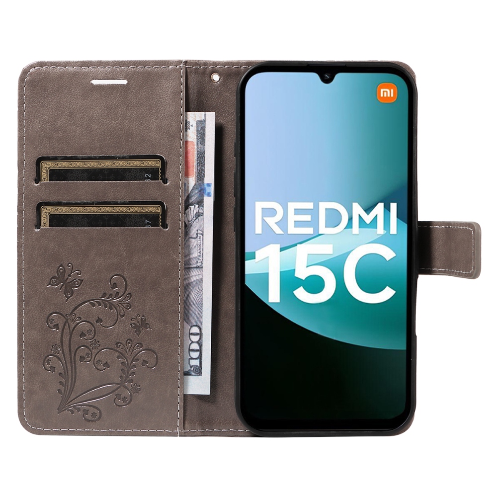 Big Butterfly knižkové púzdro na Xiaomi Redmi 15C 4G/5G (173mm) - šedé