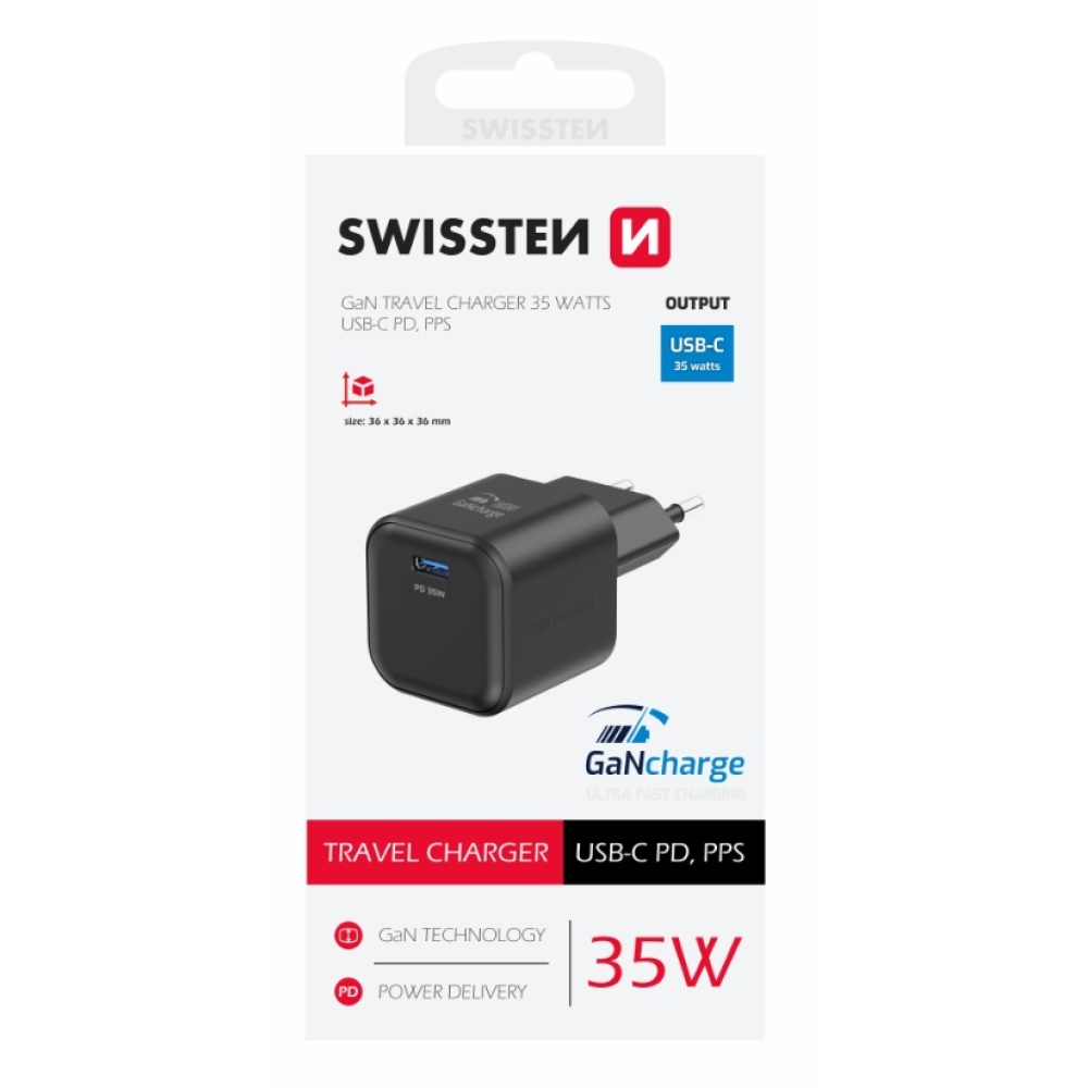 Nabíjačka Swissten GaN 1x USB-C 35W power delivery - čierna