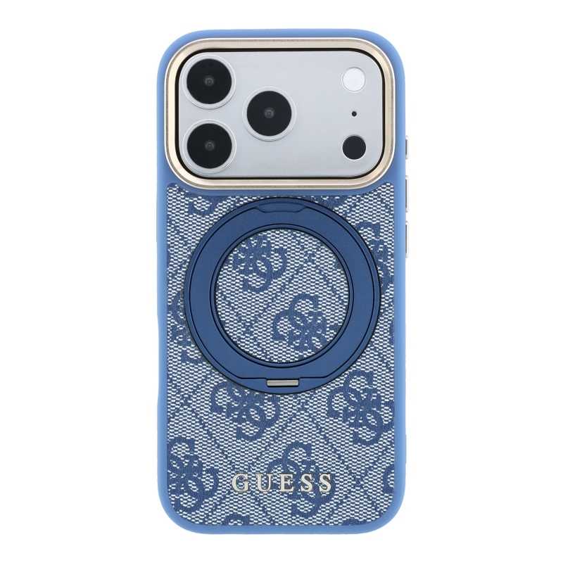 Guess PU 4G Ring Stand MagSafe zadný kryt pre iPhone 18 Pro, modrý