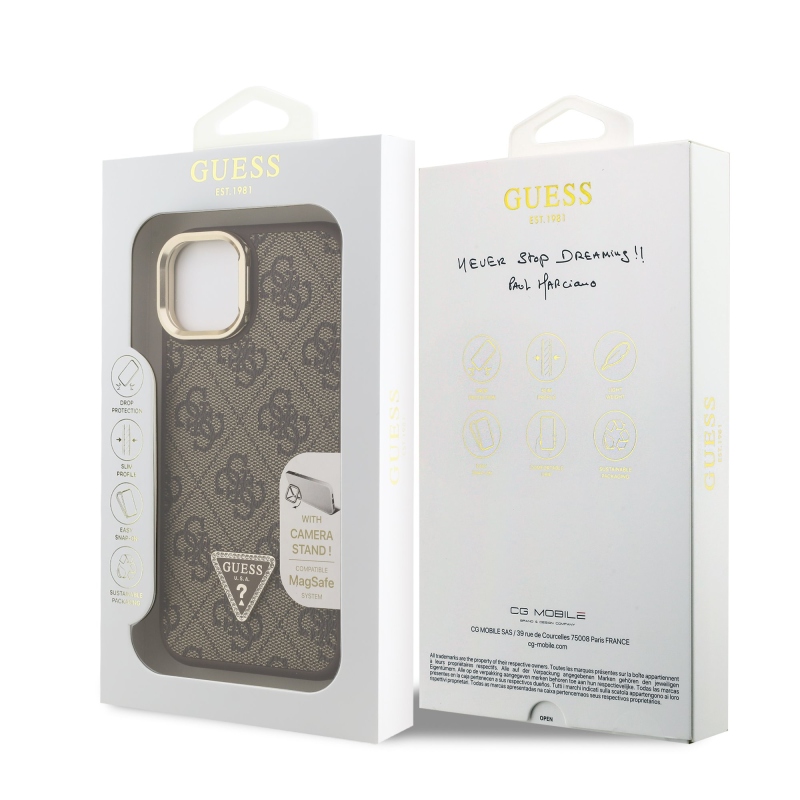 Guess PU 4G Strass Triangle Logo Stand Camera Frame MagSafe Zadný Kryt pre iPhone 14 Brown