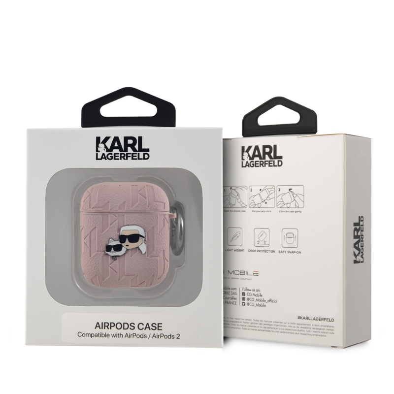 Karl Lagerfeld PU Embossed Karl and Choupette Heads Puzdro pre AirPods 1/2 Pink