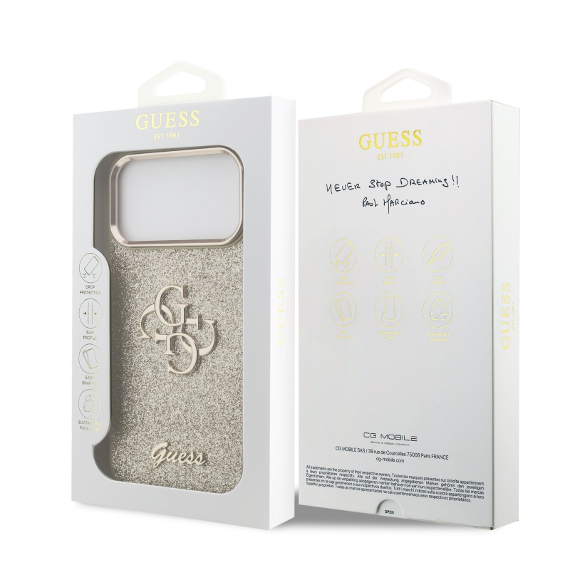 Guess PU Pevný zadný kryt 4G s kovovým rámom pre iPhone 17 Pro Max Gold