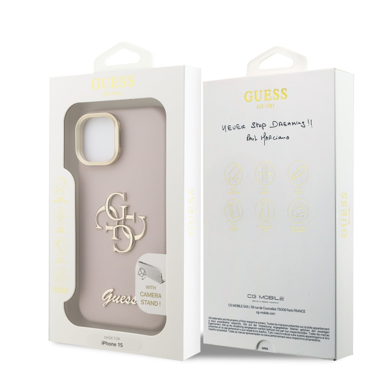 Guess PU Grained 4G Logo Stand Camera Frame Zadný Kryt pre iPhone 15 Pink