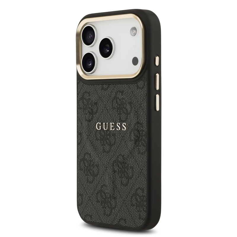 Guess PU kožený zadný kryt 4G Gold Frame MagSafe pre iPhone 17 Pro Black