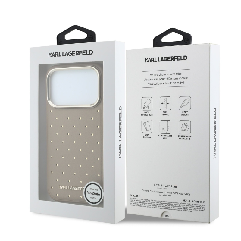 Karl Lagerfeld PU Perforated Gold Dots MagSafe zadný kryt pre iPhone 17 Pro, béžový
