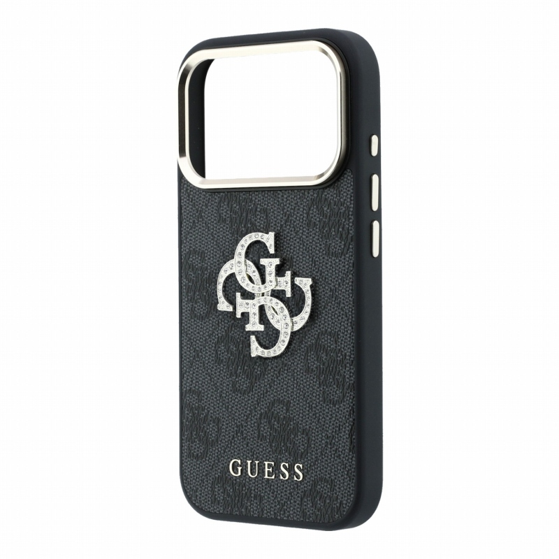 Guess PU 4G Strass Metal Logo zadný kryt pre iPhone 18 Pro, čierny
