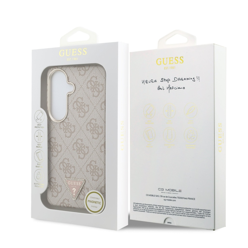 Guess PU kožený kryt 4G Strass Triangle Triangle Logo Gold Frame Magnetic Back Cover pre Samsung Galaxy S26 Pink