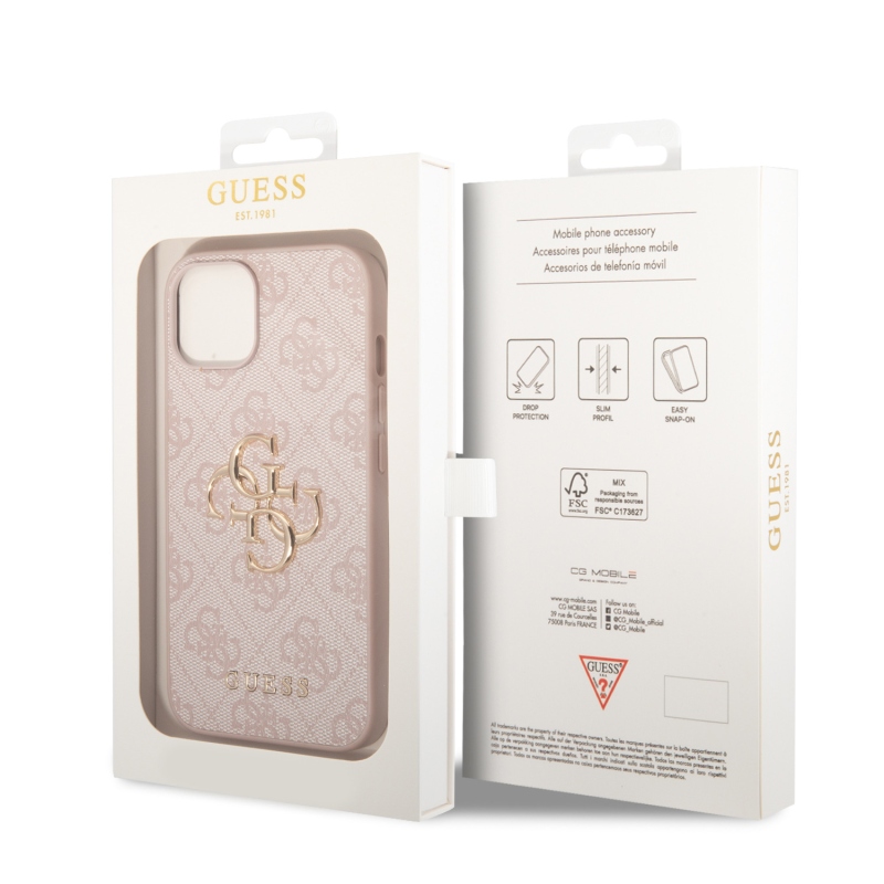 Guess PU 4G Metal Logo Zadný Kryt pre iPhone 15 Pink