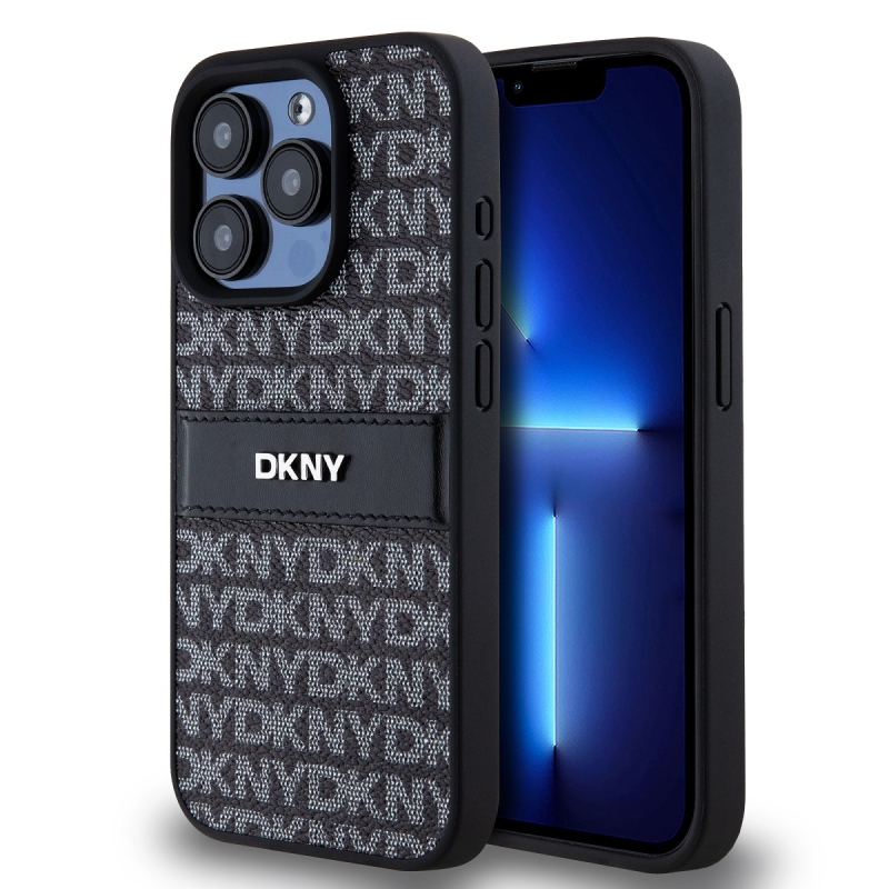 DKNY PU Leather Repeat Pattern Tonal Stripe Zadný Kryt pre iPhone 15 Pro Max Black