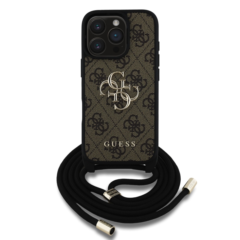 Guess PU 4G Kovové logo Crossbody Strap Zadný kryt pre iPhone 16 Pro Brown