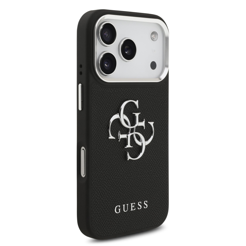 Guess PU zrnitý 4G kovový zadný kryt s logom pre iPhone 17 Pro Black