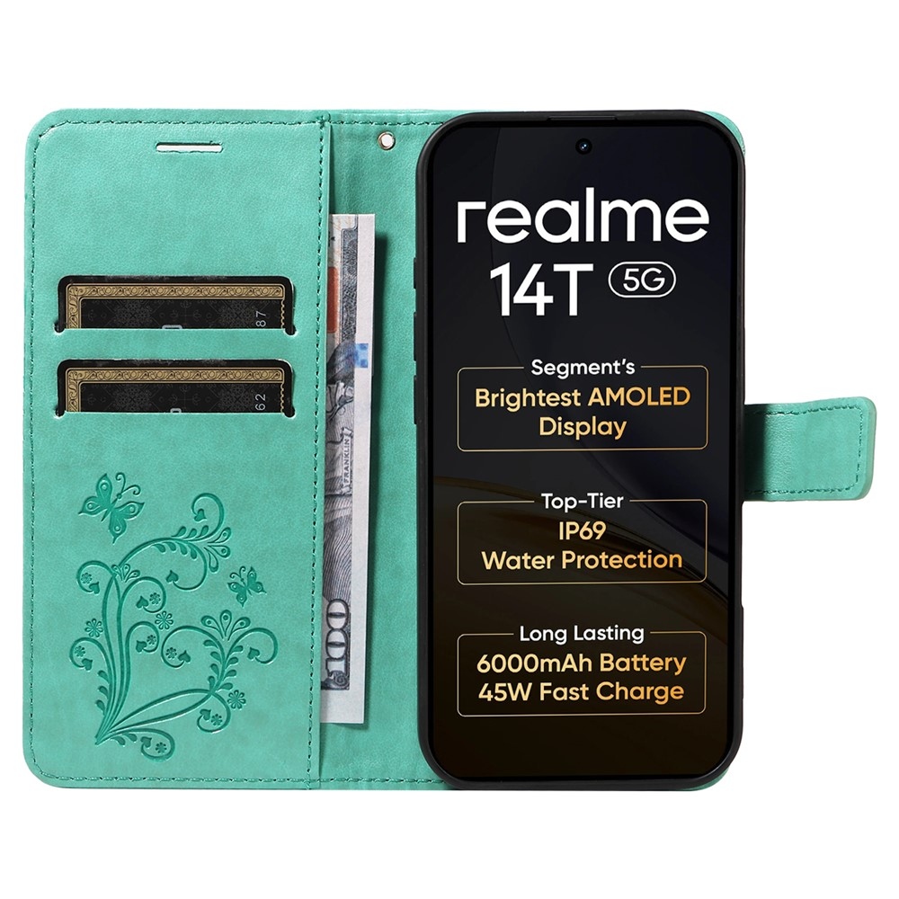Big Butterfly knižkové puzdro na Realme 14 5G/14T 5G - modrozelené