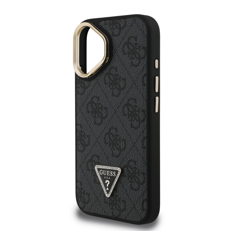 Guess PU 4G Strass Triangle Logo Stand Camera Frame MagSafe Zadný Kryt pre iPhone 16 Black