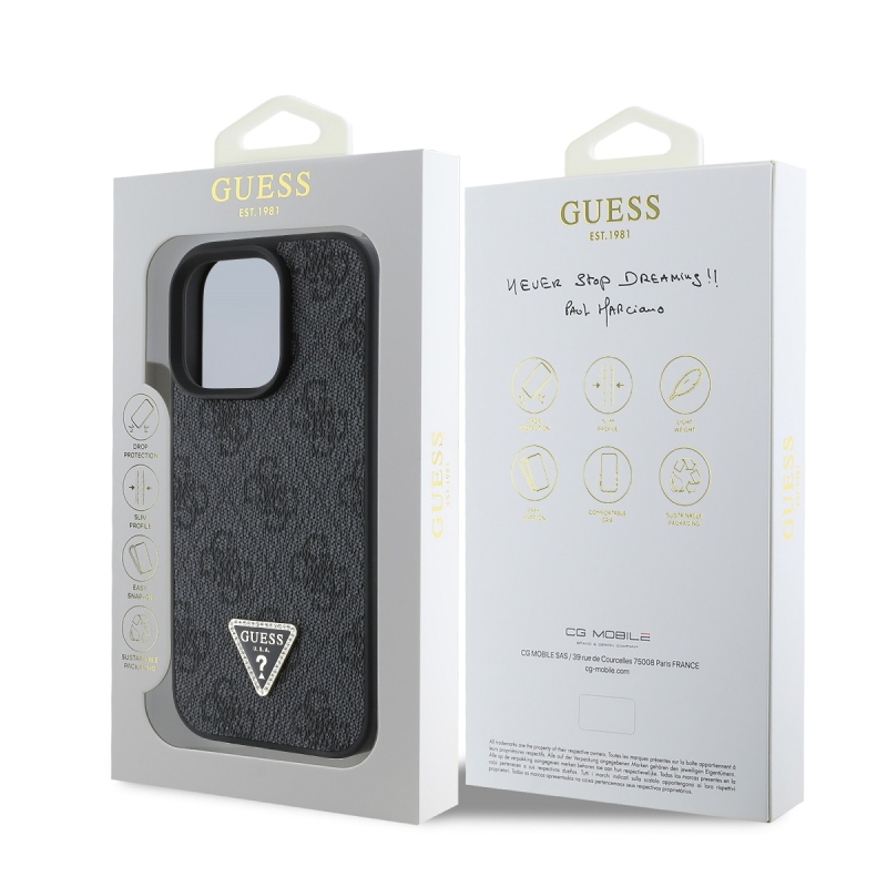 Guess PU 4G Strass Triangle Metal Logo Zadný Kryt pre iPhone 16 Pro Black