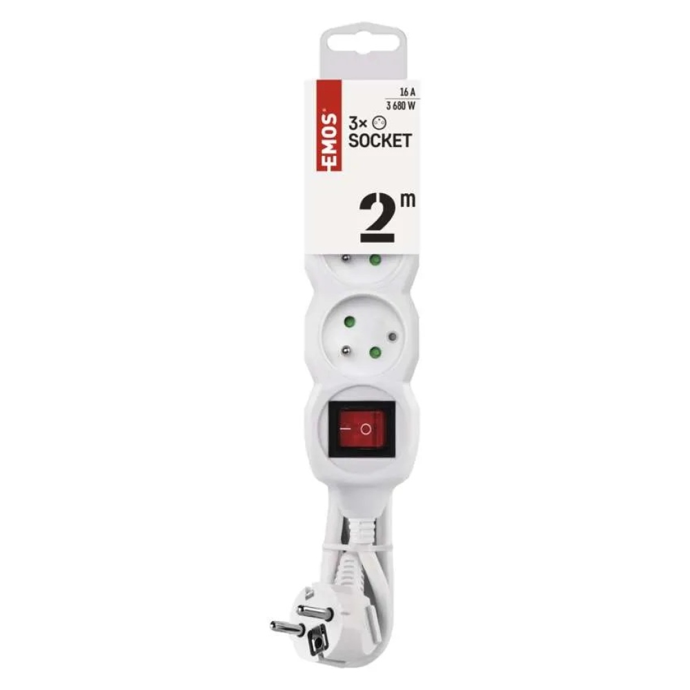 Predlžovací kábel 2 m / 3 zásuvky / s vypínačom / biely / PVC / 1 mm2