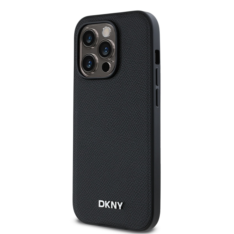 DKNY PU Leather Silver Metal Logo Magsafe Zadný Kryt pre iPhone 14 Pro Black