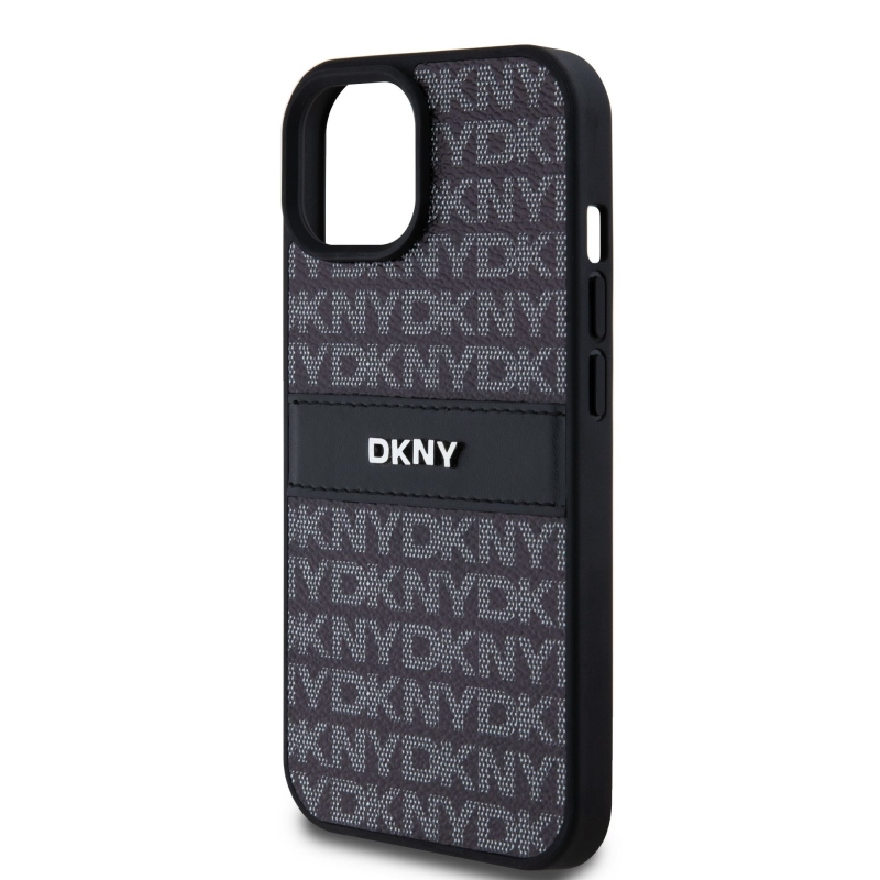 DKNY PU Leather Repeat Pattern Tonal Stripe Zadný Kryt pre iPhone 15 Black