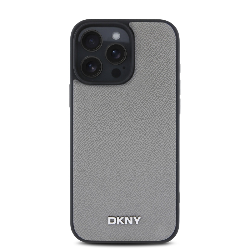 DKNY PU Leather Silver Metal Logo Magsafe Zadný Kryt pre iPhone 16 Pro Grey