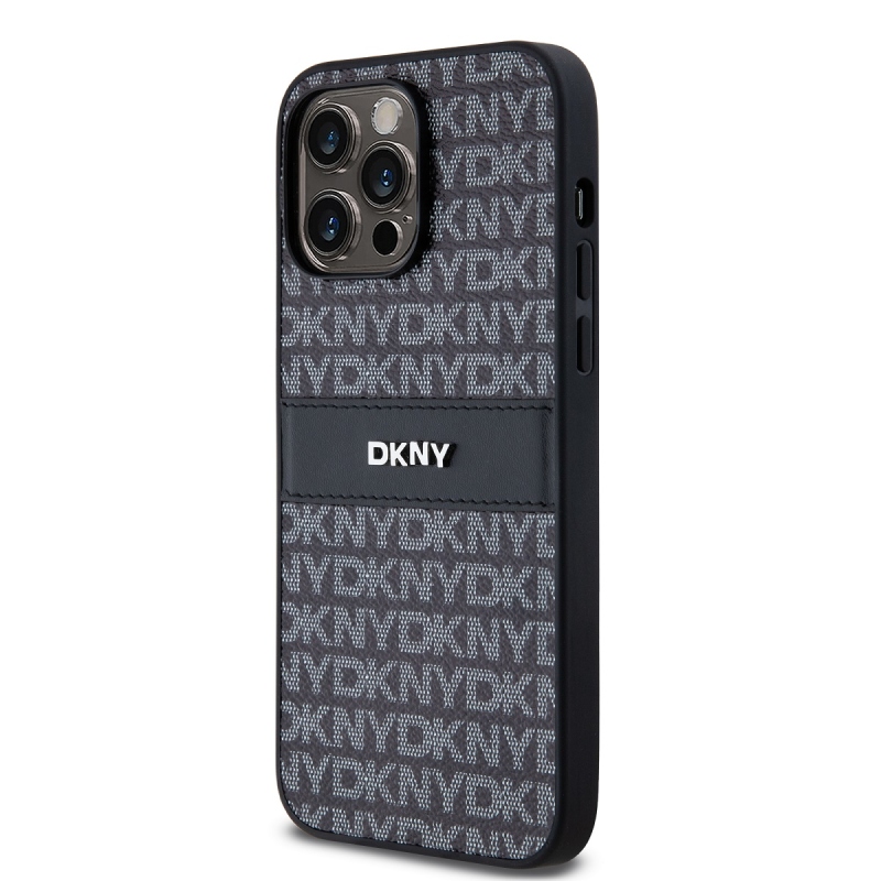 DKNY PU Leather Repeat Pattern Tonal Stripe Zadný Kryt pre iPhone 14 Pro Black