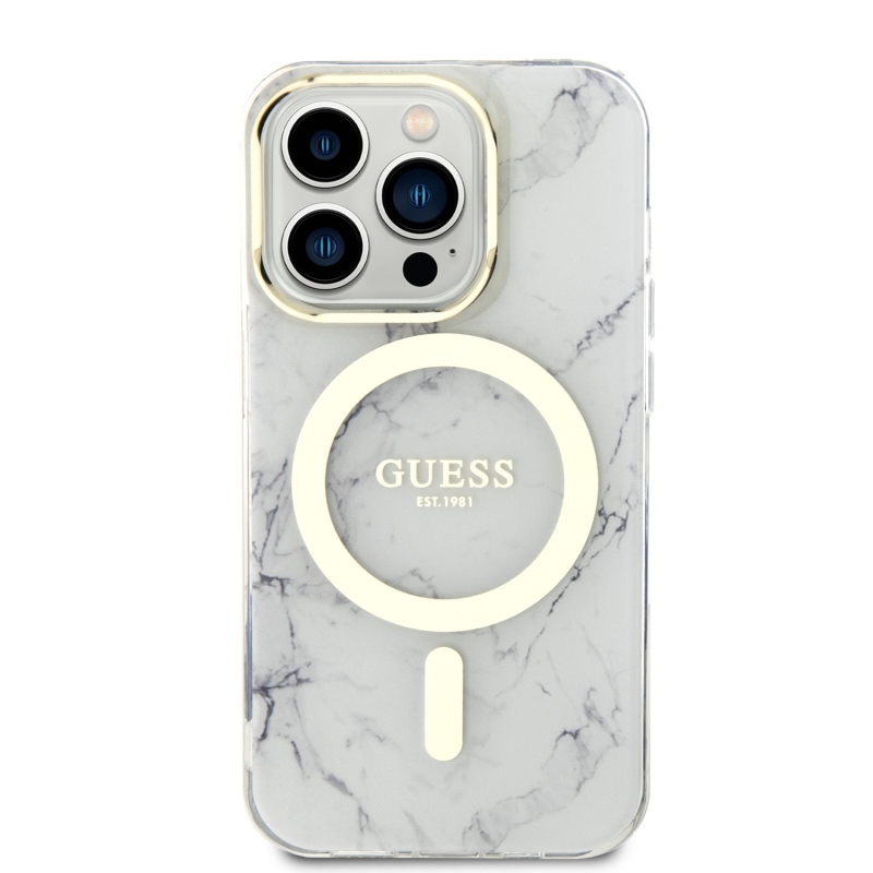 Guess IML Marble MagSafe Zadný Kryt pre iPhone 13 Pro White