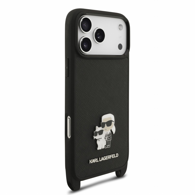 Karl Lagerfeld Saffiano Crossbody popruh Metal Karl a Choupette zadný kryt pre iPhone 18 Pro Max čierny