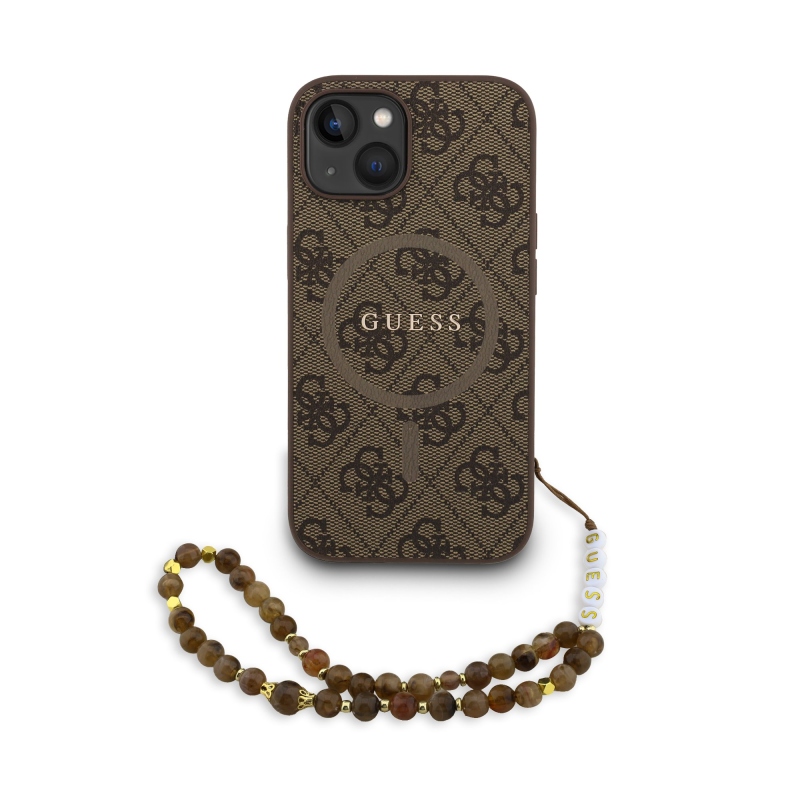 Guess PU Leather 4G Colored Ring Strap MagSafe Zadný Kryt pre iPhone 15 Brown