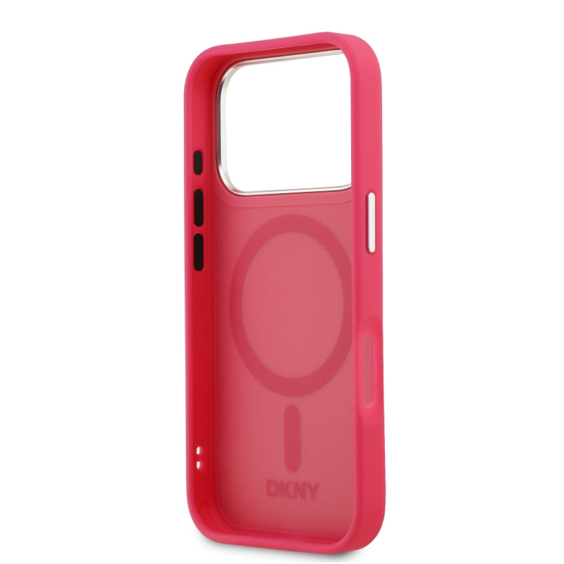DKNY PU kožený kovový kryt s logom na zápästie MagSafe zadný kryt pre iPhone 17 Pro Pink