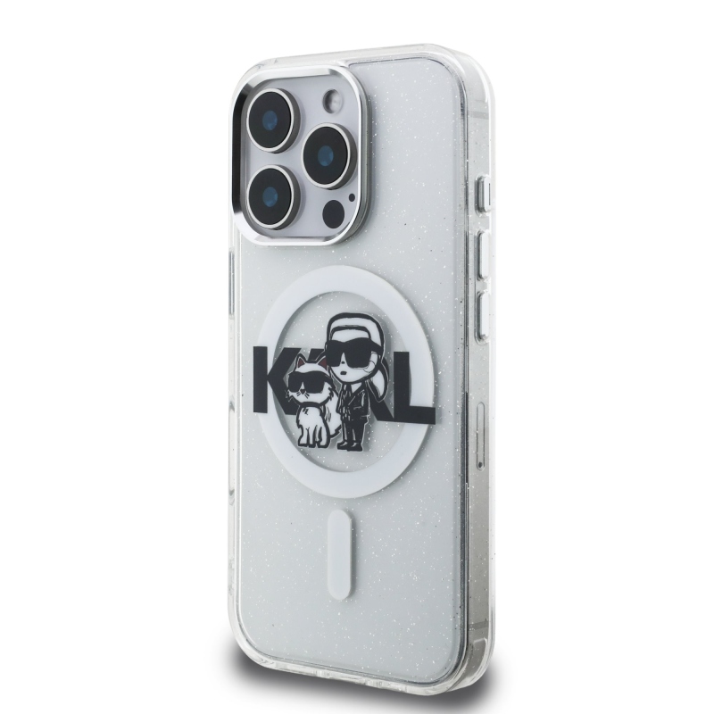 Karl Lagerfeld IML Glitter Karl and Choupette Sketch MagSafe Zadný Kryt pre iPhone 16 Pro Transparent