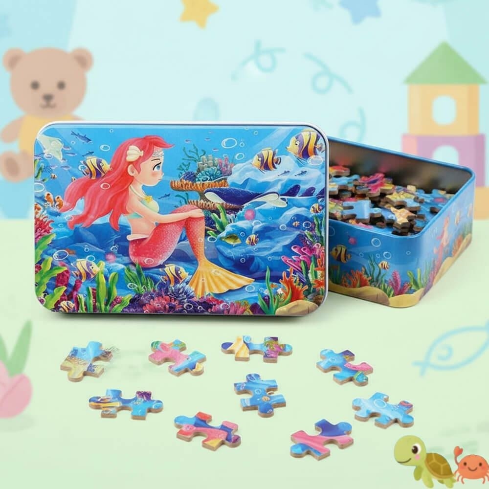 Drevené puzzle v kovovej krabičke 60 dielikov - morská panna