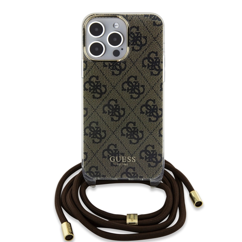 Guess IML 4G Printed Crossbody Popruh Zadný Kryt pre iPhone 15 Pro Brown