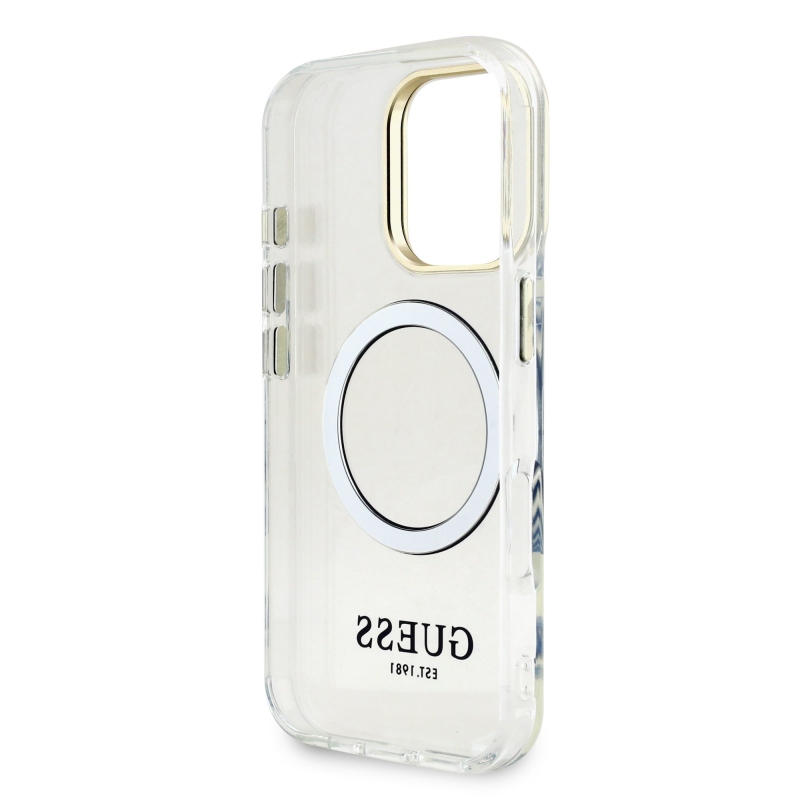 Guess IML Gold Outline Stand Camera Frame MagSafe Zadný Kryt pre iPhone 16 Pro Max Transparent