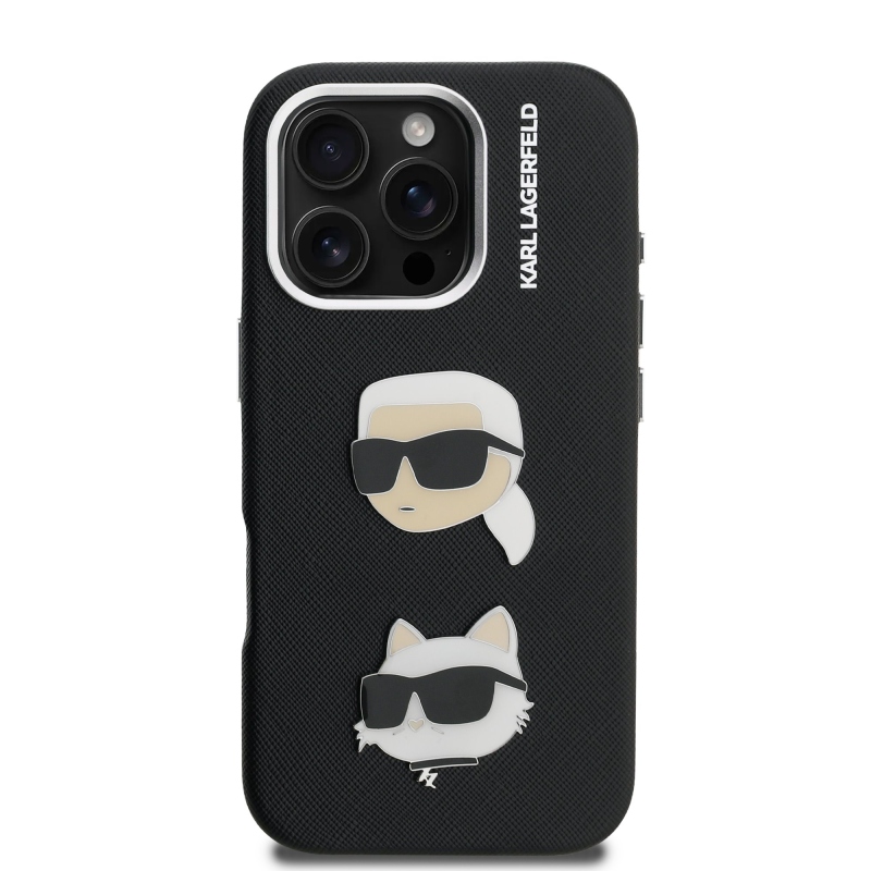 Karl Lagerfeld Grained PU K&CH Heads Zadný Kryt pre iPhone 16 Pro Black