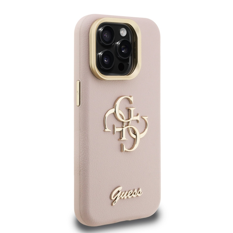 Guess PU Grained 4G Logo Stand Camera Frame Zadný Kryt pre iPhone 15 Pro Pink