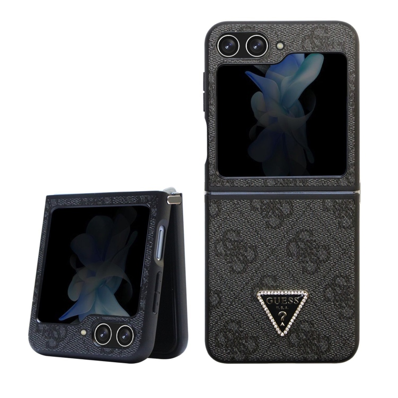 Guess 4G PU Leather Triangle Zadný Kryt pre Samsung Galaxy Z Flip 5 Black