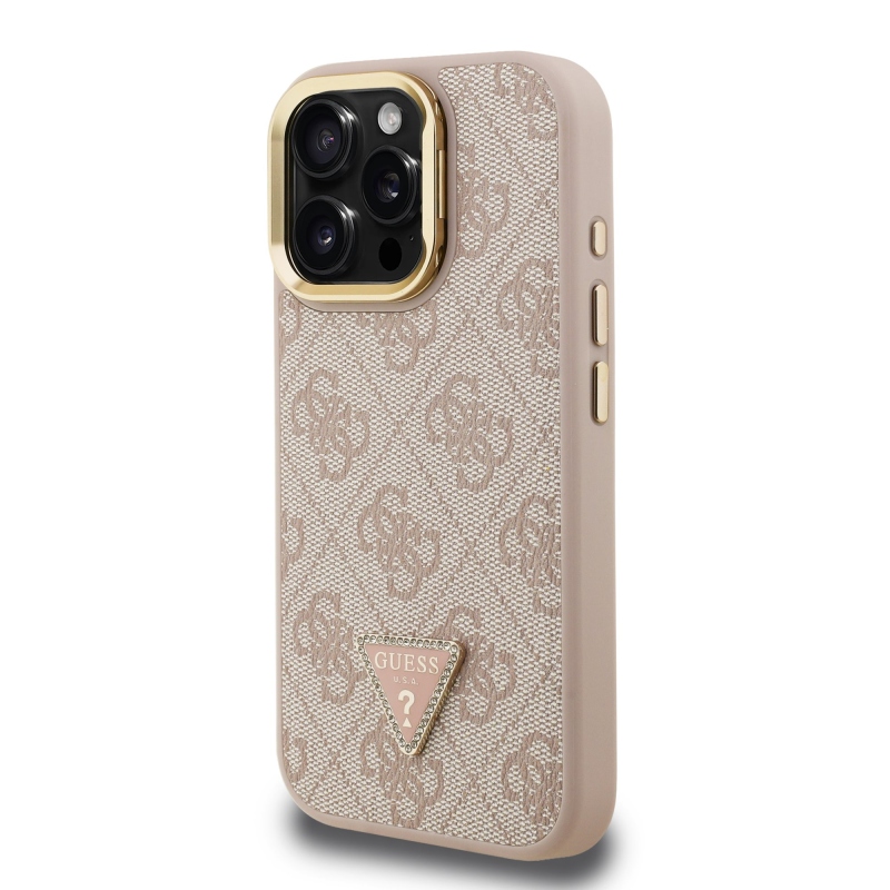 Guess PU 4G Strass Triangle Logo Stand Camera Frame MagSafe Zadný Kryt pre iPhone 16 Pro Pink